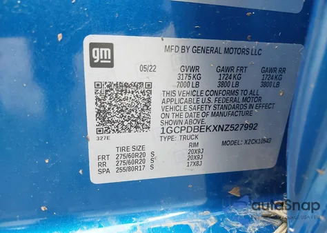 2022 Chevrolet Silverado 1500 4Wd Short Bed Custom z USA, uszkodzony, nr VIN 1GCPDBEKXNZ527992